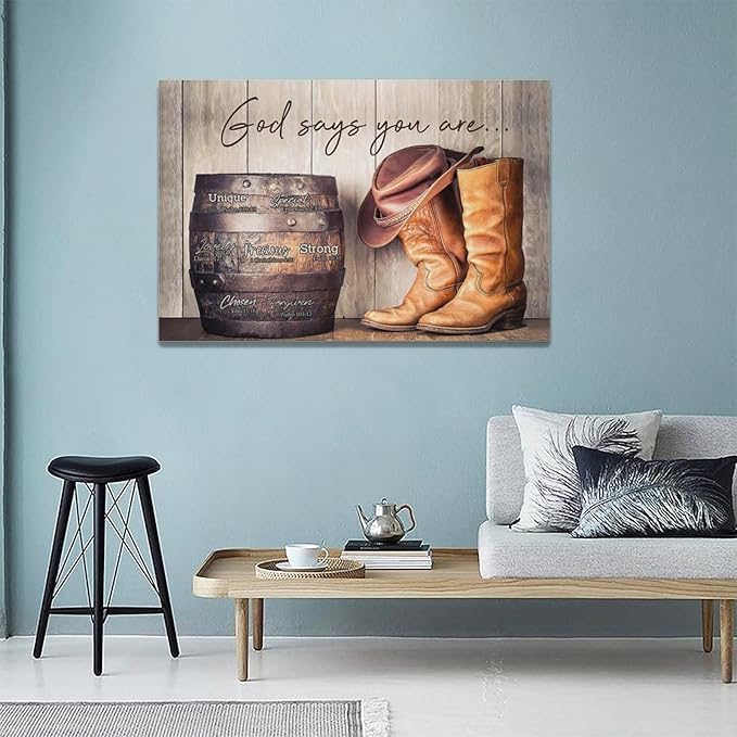 God says you are decor wall art western cowboy canvas Pictures cowboy boots Wall Decor Christian Canvas Prints Painting Framed Artwork for Bathroom living room Bedroom 24"x16"