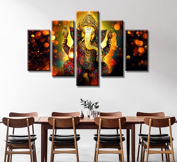 DJSYLIFE Extra Large Premium Quality Picture Canvas Wall Art - 5 Pieces Hindu God Ganesha Art Wall Home Decor HD Print Home Wall Hanging Art Prints Modular Pictures - Ready to Hang (60''W x 40''H)