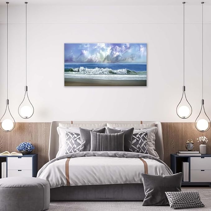 Bogosip Blue Ocean Wall Art Decor Beach Picture for Wall White Wave Painting Seascape Theme Large Canvas Print Modern Frame Artwork for Bedroom Bathroom Living Room Office 60"x30"