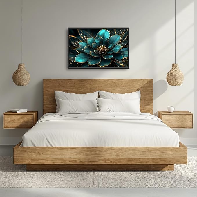 Framed Large Wall Art for Living Room, Teal Flower Canvas Wall Decor, Large Picture Framed Painting, Modern Artwork for Bedroom Office Home Decor 36L'' × 24W''