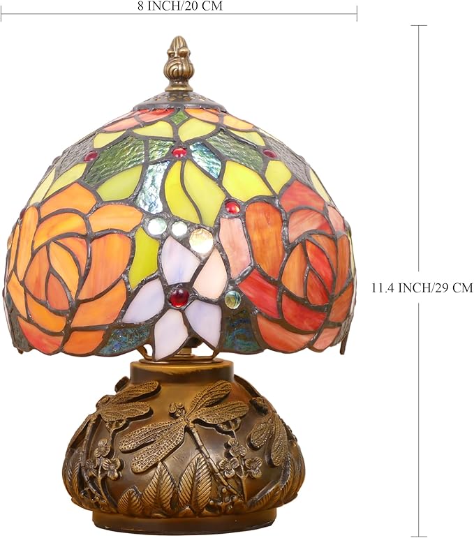 Small Tiffany Lamp Stained Glass Table Lamp Mini Accent Lamp Handmade Mushroom Desk Memory Lamp Sympathy Bedside Night Light 8X11.5 Inch (Red Yellow Rose Style)