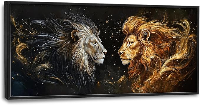 SweetFox Extra Large Lion King Framed Wall Art for Living Room, Lion and Golden Lioness Pictures Oversized Wall Decor Abstract Canvas Painting Print Artworks for Bathroom Master Bedroom 60L X 30W