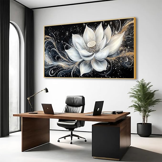 Glethua White Lotus Flower Canvas Wall Decor, Lotus Flower Picture Print, Modern Zen Wall Art, Modern Vintage Floral Painting Artwork for Yoga Spa Meditation Spiritual Living Room Bedroom Home Decor (Gold Framed, 39 x 19 in | 100 x 50cm)