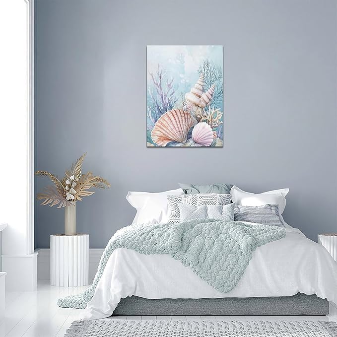 Fleruku Beach Coral Shells Wall Art Nautical Sea Wall Decor Ocean Pictures Canvas Painting Artwork Home Decorations for Living Room Bedroom Bathroom Office Nursery 12"x16"