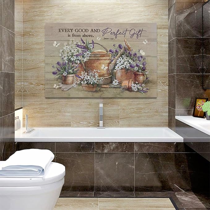 Country Bathroom Flower Wall Art Farmhouse Lavender Wall Decor Rustic Scripture Sign Canvas Painting Artwork Home Decorations for Man Teenager Office Bedroom Living Room Bathroom 24"x16"