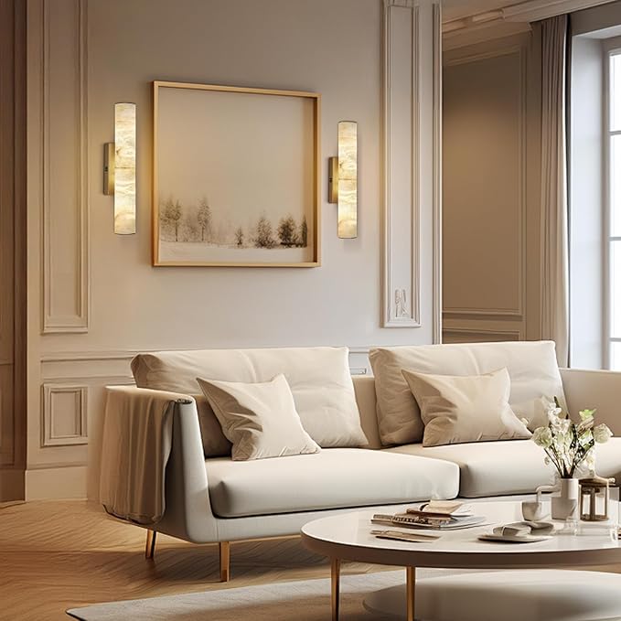 Alabaster Wall Sconces Gold, Spanish Natural Marble Wall Sconce, 20" Brass Wall Sconce for Bathroom, Indoor Stone Wall Sconces Dimmable, Alabaster Wall Light for Living Room, Bedroom, Hallway, Stairs