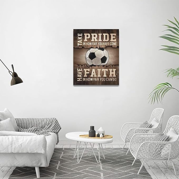 Fleruku Rustic Soccer Wall Art Sports Wall Decor Inspirational Quotes Brown Pictures Soccer Sign Canvas Painting Artwork Home Decorations for Boy Man Teenager Fans Bedroom Living Room 16"x20"