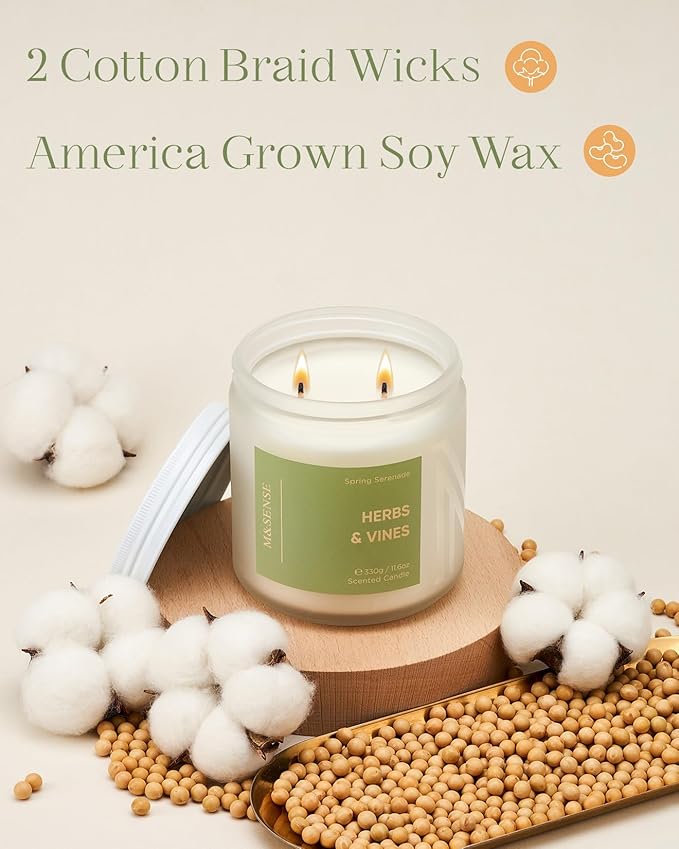 M&SENSE Fresh Herbal Scented Candle - 11.6oz Organic Natural Soy Wax Non Toixc 70-Hour Long Lasting Burn Time, 2 Wick Eucalyptus Candle for Home Decor Housewarming Gifts for Men & Women