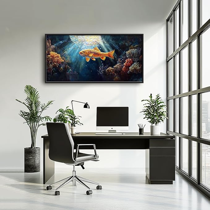 SweetFox Extra Large Ocean Fish Framed Wall Art for Living Room, Coastal Sea Fishing Pictures Oversized Wall Decor Abstract Big Canvas Painting Print Artworks for Bathroom Master Bedroom 60L X 30W