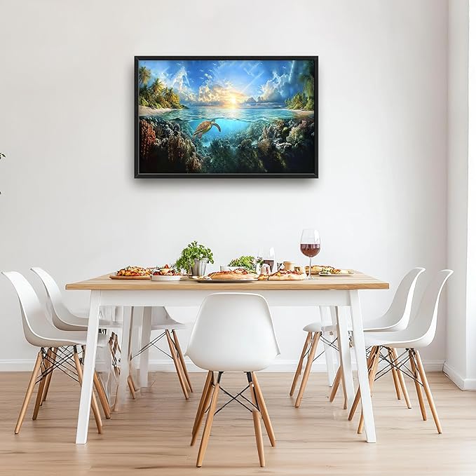 SweetFox Extra Large Ocean Turtle Framed Wall Art for Living Room, Coastal Beach Sea Turtle Pictures Oversized Wall Decor Abstract Big Canvas Painting Print Artworks for Bathroom Bedroom 36L X 24W
