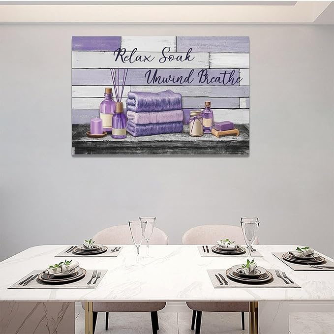 Farmhouse Bathroom Wall Art Relax Soak Unwind Breathe Wall Decor Rustic Bathroom Pictures Canvas Painting Framed Artwork Purple Country Home Decorations for Toilet Lavatory 24"x16"