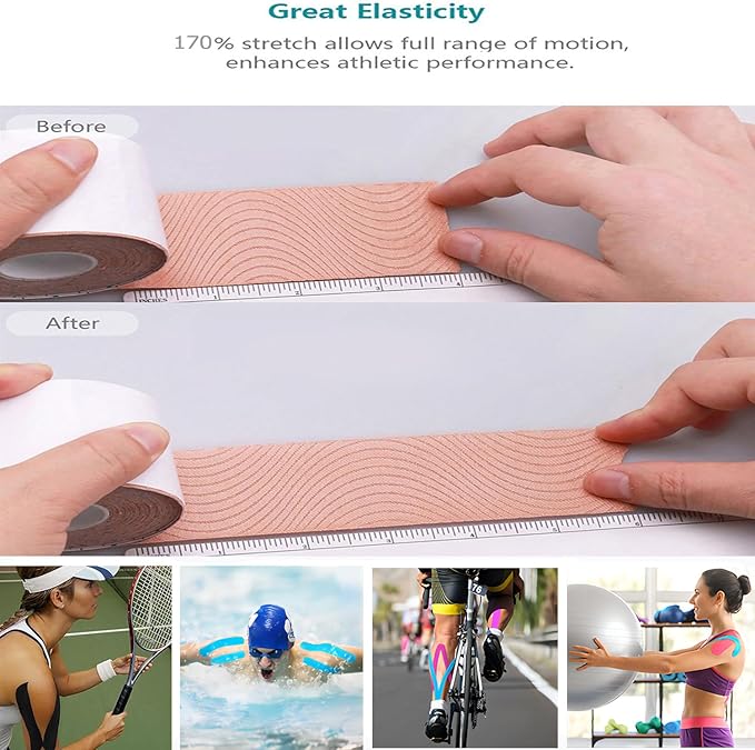 Kinesiology Tape -<2-Rolls>- Original Cotton Elastic Pro Athletic Tape,33 ft 40 Precut Strips in Total,Hypoallergenic and Waterproof K Tape for Muscle Pain Relief and Joint Support(Skin Color)