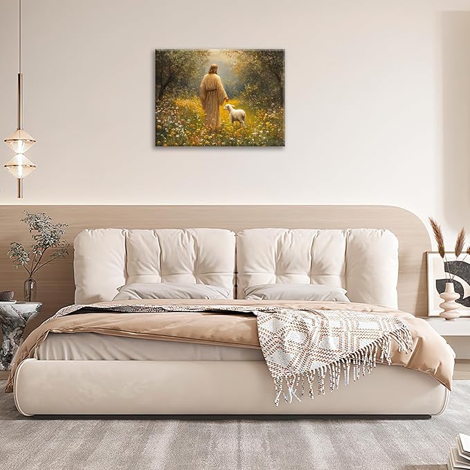 Olivine Christian Wall Art, Jesus Pictures Wall Decor, Lamb Painting, The Lost Sheep Canvas Prints, Framed Artwork for Kitchen Bathroom Bedroom Living Room Office Home Decoration 24"x20"