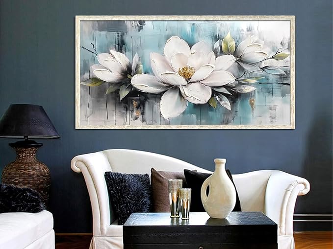Ardemy Rustic Flower Wall Art Framed White Floral Canvas Painting Magnolia Textured Picture Teal Grey Artwork for Living Room Bedroom Bathroom Dining Room Home Office Wall Decor, Large 40"x20"