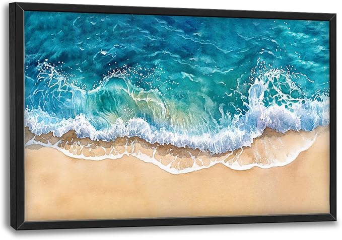 SweetFox Extra Large Watercolor Ocean Wave Framed Wall Art for Living Room, Coastal Beach Ocean Pictures Oversized Wall Decor Abstract Canvas Painting Print Artworks for Bathroom Bedroom 36L X 24W