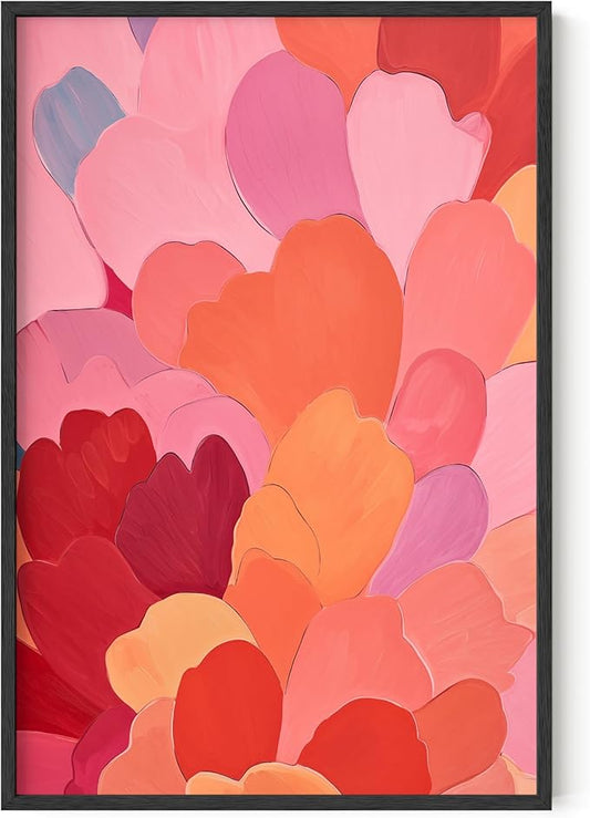 HAUS AND HUES Colorful Abstract Wall Art - Minimalist Retro Picture for Living Room Decor, Red and Pink Modern Wall Art Painting (Petals 1, Black Frame, 24x36)