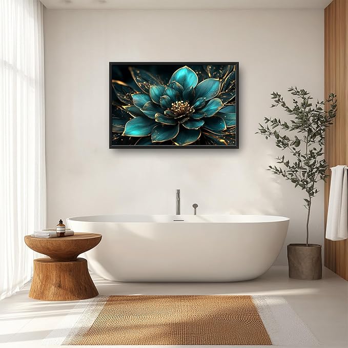 Framed Large Wall Art for Living Room, Teal Flower Canvas Wall Decor, Large Picture Framed Painting, Modern Artwork for Bedroom Office Home Decor 36L'' × 24W''