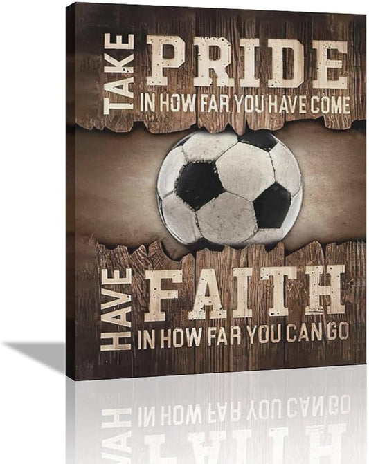 Fleruku Rustic Soccer Wall Art Sports Wall Decor Inspirational Quotes Brown Pictures Soccer Sign Canvas Painting Artwork Home Decorations for Boy Man Teenager Fans Bedroom Living Room 16"x20"