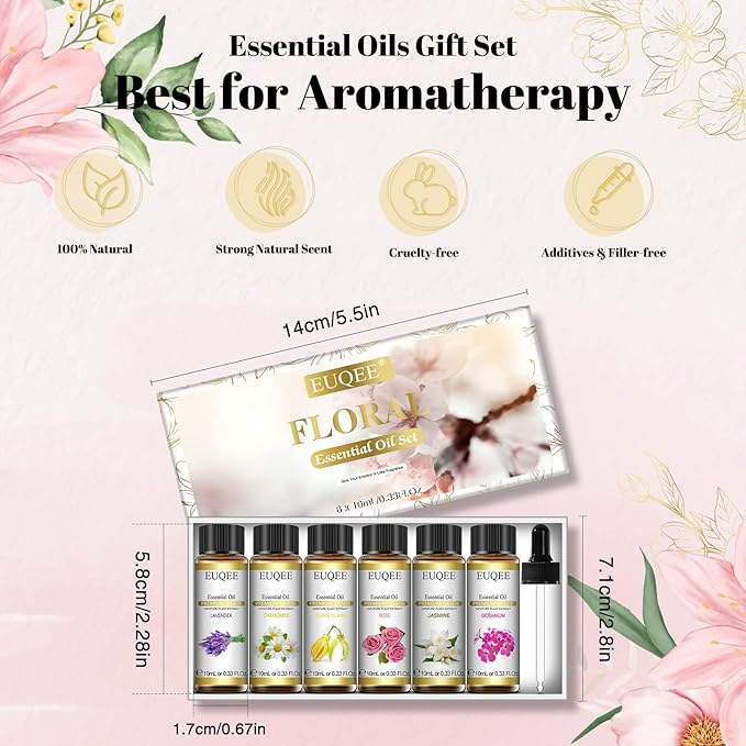 Floral Essential Oils Set of 6 Pure Essential Oil Gift Set for Diffusers, Soap & Candle Making - Lavender, Rose, Ylang Ylang, Jasmine, Geranium, Chamomile Aromatherapy Oils - 10ml