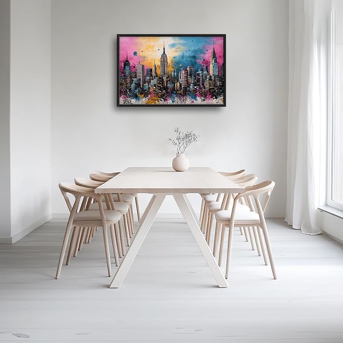 Glocmna Large Wall Art for Living Room Banksy Street Graffiti New York City Wall Decor Modern Skyline Cityscape Pictures Painting Big Canvas Print Framed Artwork Decorations Home Office Bedroom 24"x36"