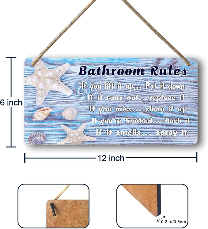 Beach Bathroom Wall Decor Ocean Themed Bathroom Accessories Summer Decorations For Home Sea Themed For Tailet Beachy Decor Coastal Accessories Bathroom Rules Sign 12x6 In