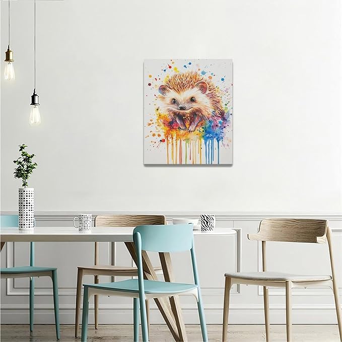 Fleruku Watercolor Hedgehog Wall Art Colorful Hedgehog Wall Decor Cute Animal Pictures Canvas Painting Artwork Home Decorations for Living Room Bedroom Bathroom Office Nursery Classroom 20"x24"