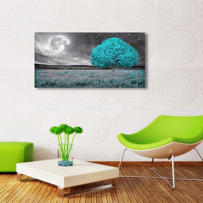 Tree of Life Wall Art Canvas Prints Natural Landscape Picture Home Decor Full Moon and Blue Tree Paintings for Living Room Bedroom Bathroom Kitchen Office Decorations 24x48 Wooden Frames Artwork
