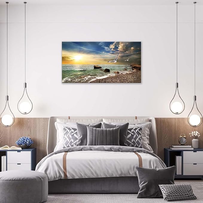 Coastal Beach Big Wall Art Ocean Picture Wall Decor Gold Sunlight Seagull Seascape Theme Large Canvas Print Modern Frame Artwork for Bedroom Bathroom Living Room Home Office 60"x30"