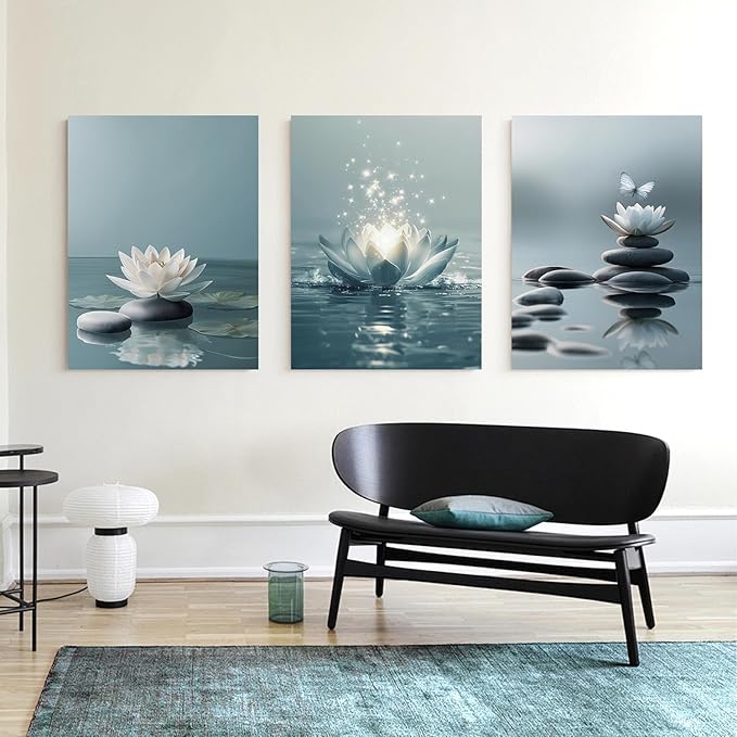 GELDSTEI Calm Zen Botanical Canvas Wall Art, White Lotus Blooming on Stones in Water Aesthetic Pictures, Yoga Spa Meditation Room Decor, Modern Spiritual Poster Prints for Zen Office Framed 12"x16"x3