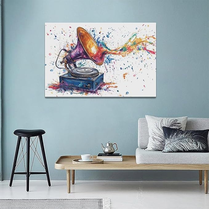 Fleruku Watercolor Phonograph Wall Art Colorful Phonograph Wall Decor Pictures Canvas Painting Artwork Home Decorations for Living Room Bedroom Bathroom Office Nursery Classroom 24"x16"