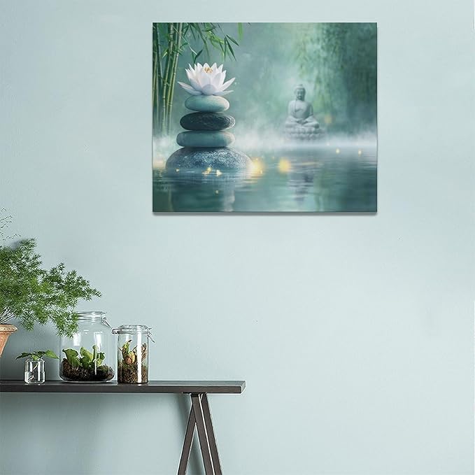Olivine Zen Decor Wall Art, Lotus Pictures Wall Decor, Stones Flower Bloom Canvas Prints Painting, Framed Artwork for Meditation Bathroom Bedroom Living Room Office Home Decoration 24"x20"