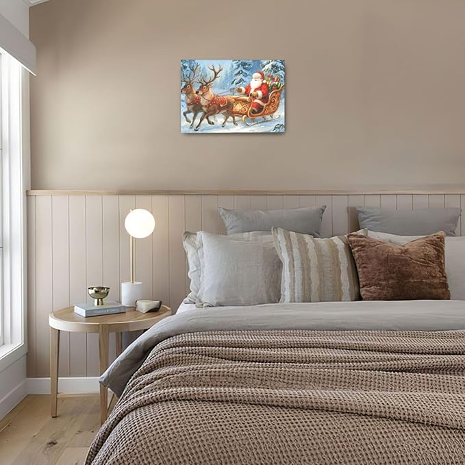 Santa Claus Christmas Wall Art Winter Santa Claus Reindeer Canvas Wall Decor Winter Christmas Pictures Painting Artwork Decoration Framed Gifts for Women Girl Bedroom Living Room Dining Office 16"x24"