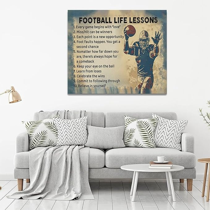 Farmhouse Football Wall Art For Boy Room Rustic Football Life Lessons Wall Decor Retro Football Sign Canvas Painting Artwork Home Decorations for Man Teenager Office Bedroom Living Room 24"x20"