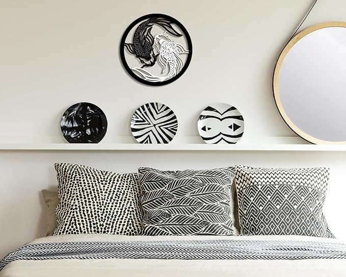Creoate Home Decor Wall Art Wooden Koi Fish, Black and White Yin Yang Themed Zen Wall Mount Plaque Decor for Yoga Room Bathroom Living Room Farmhouse, 12x12 inches