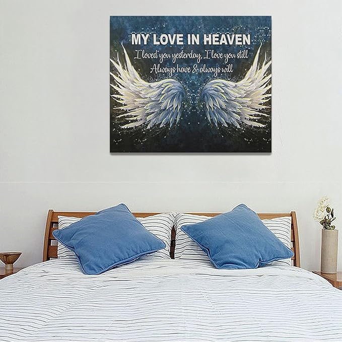 Fleruku Angel Wings Wall Art Memorial Motivational Wall Decor Wings My Love In Heaven Pictures Canvas Painting Artwork Home Decorations for Living Room Bedroom Bathroom Office 24"x20"