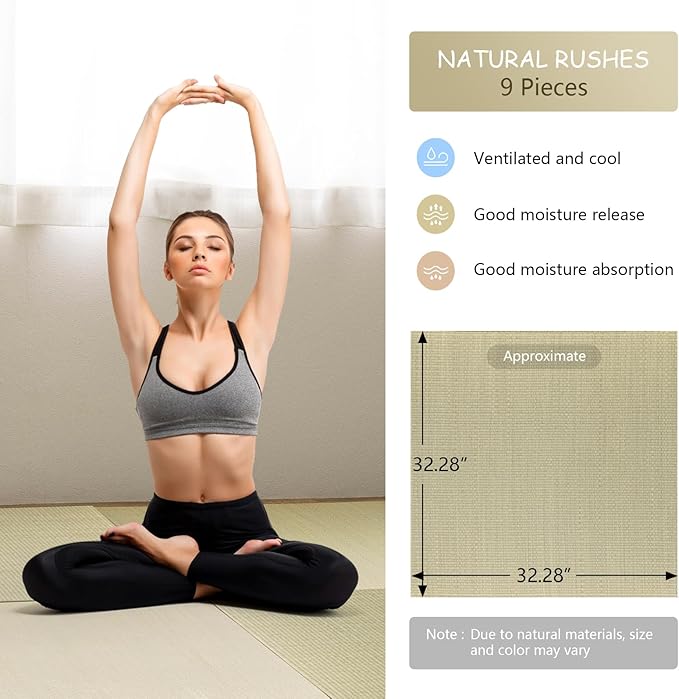 HAGiHARA Japanese Tatami Mat, Patchwork Tatami Floor Mats, 96" x 96" Foldable Square with Non-Slip Design for Bedroom, Crawling and Yoga, Made of Rush Grass, Igusa(Without Edge/9 Picecs)