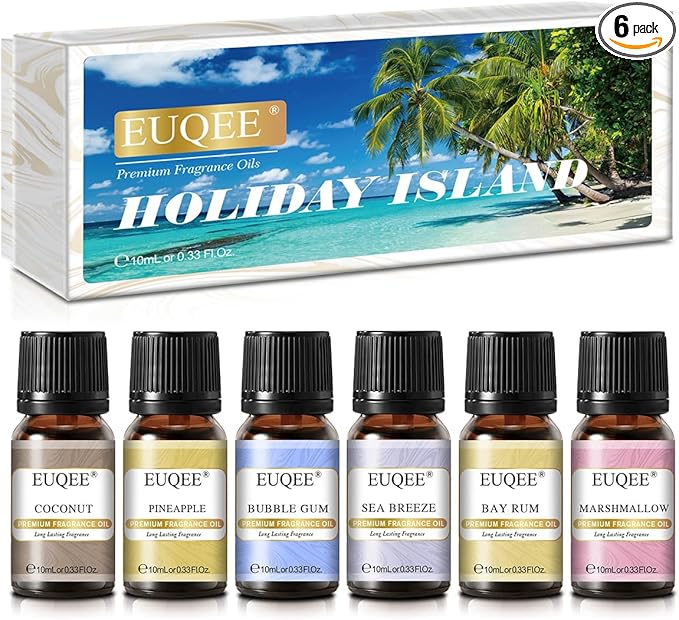 Summer Fragrance Oil Gift Set of 6，Holiday Island Essential Oils Set for Humidifier, Aromarathepy-Pineapple, Coconut, Sea Breeze, Bubble Gum, Bay Rum, Marshmallow(10ml)