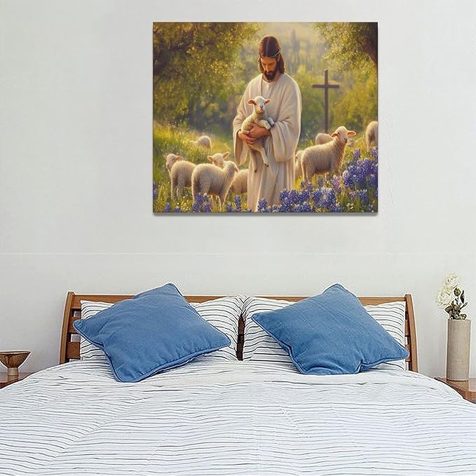 Fleruku Jesus Lamb Wall Art Christ Christian Wall Decor Jesus Religious Sign Pictures Canvas Painting Artwork Home Decorations for Living Room Bedroom Bathroom Office 24"x20"