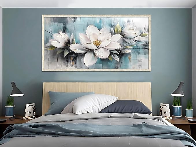 Ardemy Rustic Flower Wall Art Framed White Floral Canvas Painting Magnolia Textured Picture Teal Grey Artwork for Living Room Bedroom Bathroom Dining Room Home Office Wall Decor, Large 40"x20"