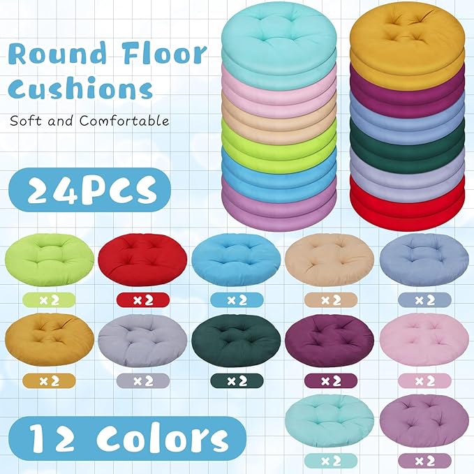 24 Pcs Round Floor Cushions Floor Pillows Meditation Seat Pillows Flexible Seating for Adults Kids, Chair Cushions for Classroom, Nursery, Living Room, Yoga(Small 11.8 Inch,Multi Color)