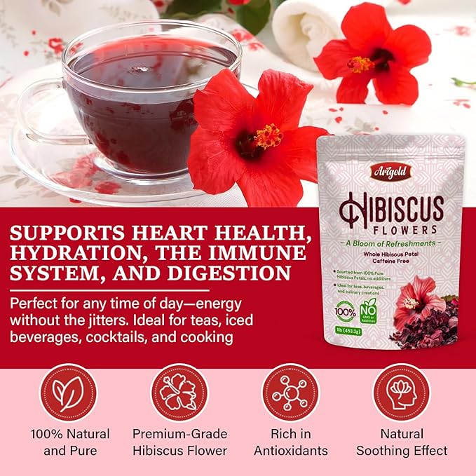 Arigold Pure Whole Petals Hibiscus Tea 1lb – Organic Dried Hibiscus Flowers,Flor de Jamaica, Hibiscus Sabdariffa, Bissap, Sorrel, hibiscus tea loose leaf Herbal Tea for Agua Fresca, Cocktails, Iced Tea & Hot Tea | Caffeine-Free & Rich in Antioxidants.