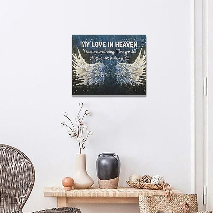 Fleruku Angel Wings Wall Art Memorial Motivational Wall Decor Wings My Love In Heaven Pictures Canvas Painting Artwork Home Decorations for Living Room Bedroom Bathroom Office 20"x16"