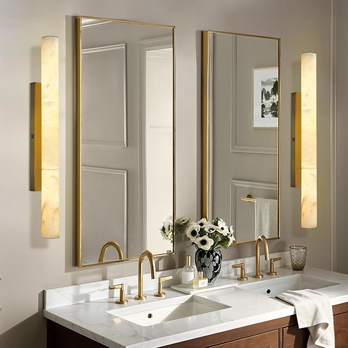 Brass Alabaster Wall Sconces, Spanish Natural Marble Wall Sconce, 36" Long Stone Wall Sconce Dimmable, Gold Alabaster Sconces Wall Lighting Indoor, Marble Wall Light for Bathroom, Living Room,Entryway