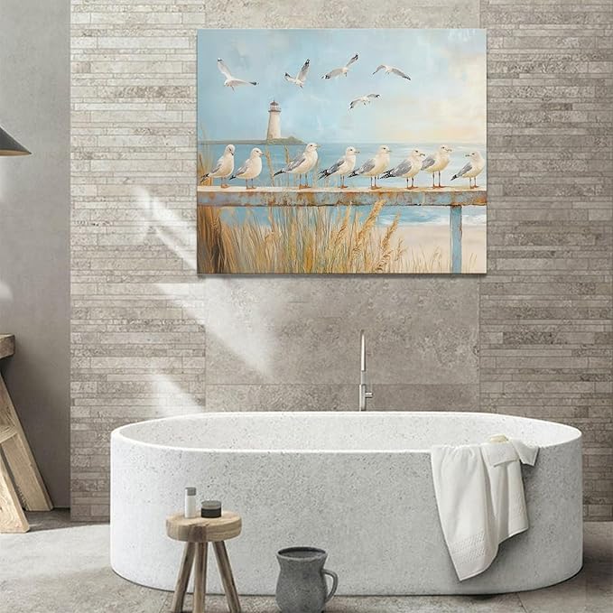 Olivine Beach Wall Art, Coastal Seagull Lighthouse Bathroom Pictures, Nautical Canvas Prints Painting for Living Room Bedroom Dinning Room Kitchen 24"x20" Inch Framed