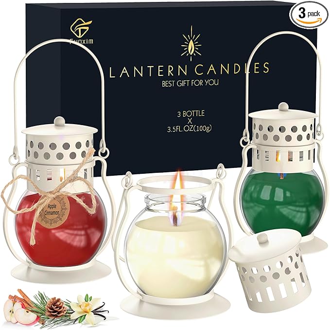 Scented Candles for Home, 3 Pack Retro Lantern Aromatherapy Candles for Balsam Cedar/Apple Cinnamon/Creamy Vanilla, Fall Candle Set, Soy Jar Candle Gifts for Women Men