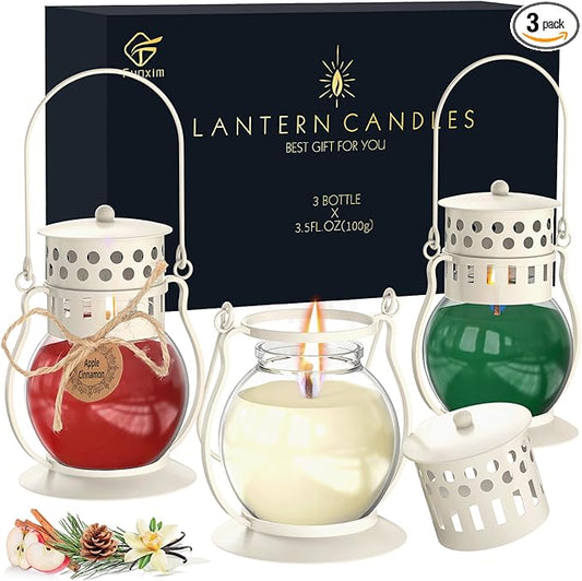 Scented Candles for Home, 3 Pack Retro Lantern Aromatherapy Candles for Balsam Cedar/Apple Cinnamon/Creamy Vanilla, Fall Candle Set, Soy Jar Candle Gifts for Women Men
