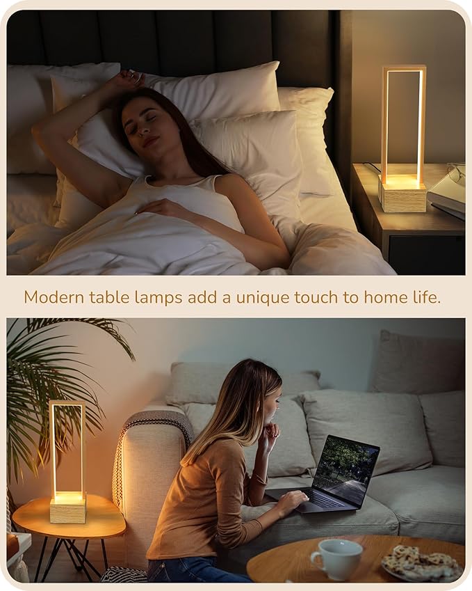 EDISHINE LED Table Lamp, Wooden Bedside Lamp with 3 Color Temperatures, Dimmable Square Nightstand Lamp for Bedroom Living Room, Complete Original Burlyood Color Base