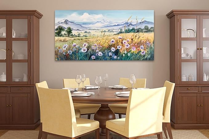Anolyfi Rustic Farmhouse Canvas Wall Art Large Abstract Wildflower Landscape Painting Florals Mountain Picture, Textured Artwork Framed for Living Room Bedroom Bathroom Office Home Decor 48"x24"