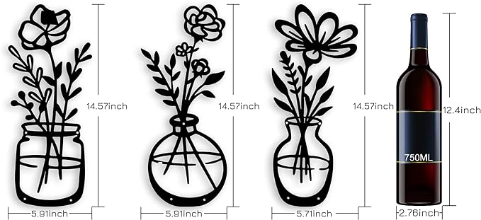 3 Pieces Black Metal Flowers Wall Decor Stocking Stuffers for Women Christmas Birthday Gifts for Women Wall Art Metal Wall Sculptures Hanging for Indoor Kitchen Bathroom Bedroom living room,14.56x5.9 inches
