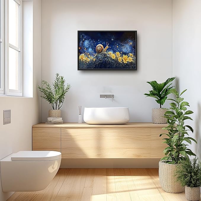 SweetFox Extra Large Snail Sunflower Framed Wall Art for Living Room, Snail Starry Sky Pictures Oversized Wall Decor Abstract Big Canvas Painting Print Artwork for Bathroom Master Bedroom 36L X 24W
